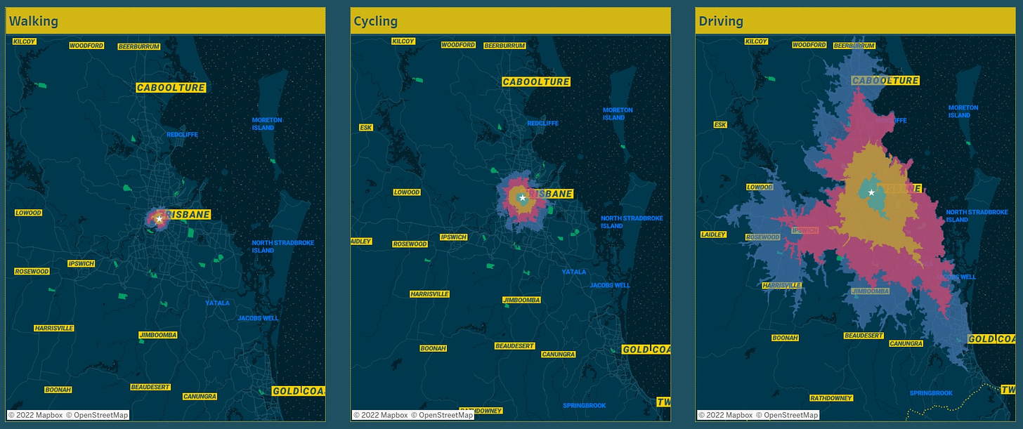 Walking, cycling, and driving journey times from the centre of Brisbane
