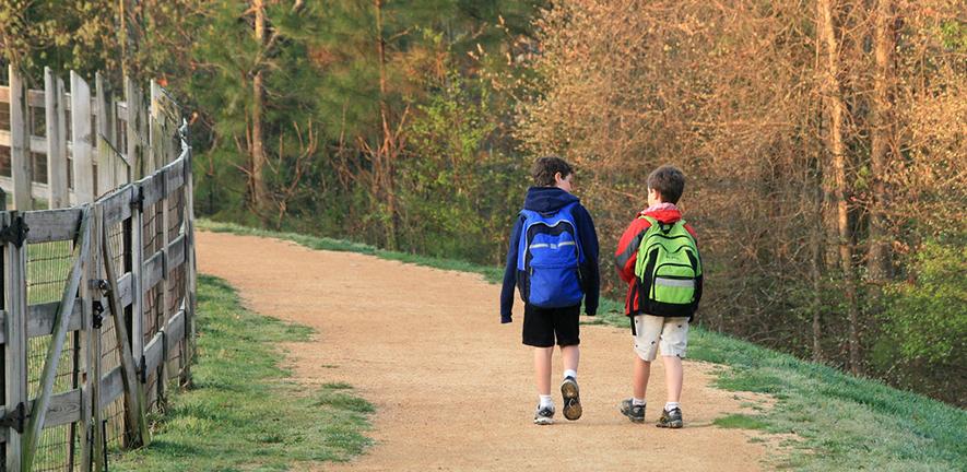 two small boys walking to school along a path