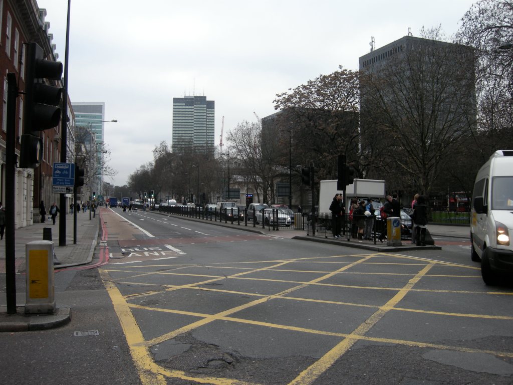 a view along Euston Road. with a lot of cars and Euston tower in the background