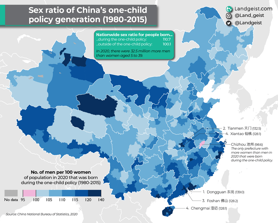 r/dataisbeautiful - Sex Ratio of China's One-Child Policy Generation [OC]