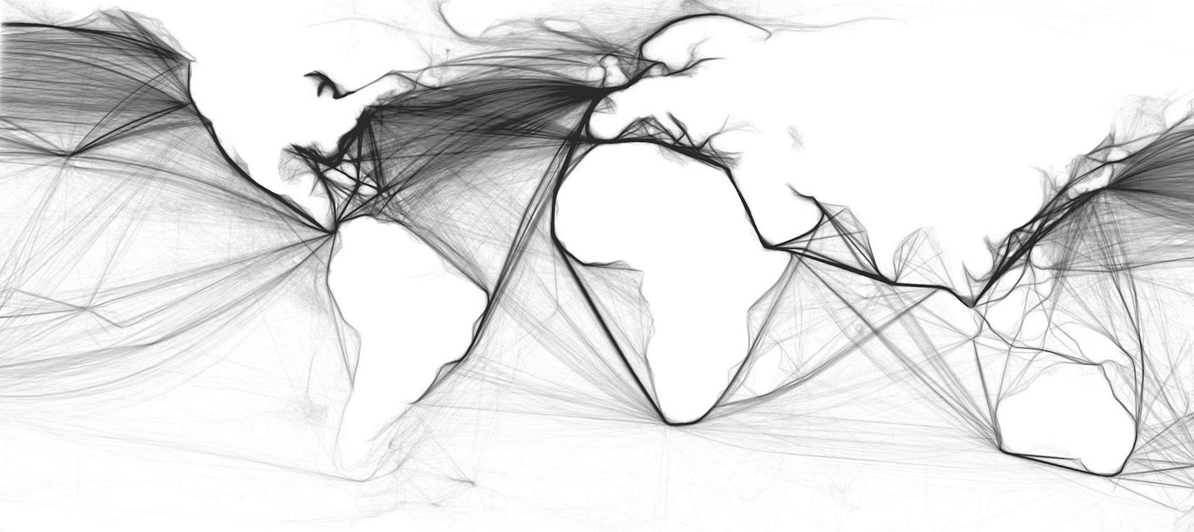 a hand drawn map of the world showing the routes that ships took when traversing the oceans. the north atlantic and north pacific are particularly busy
