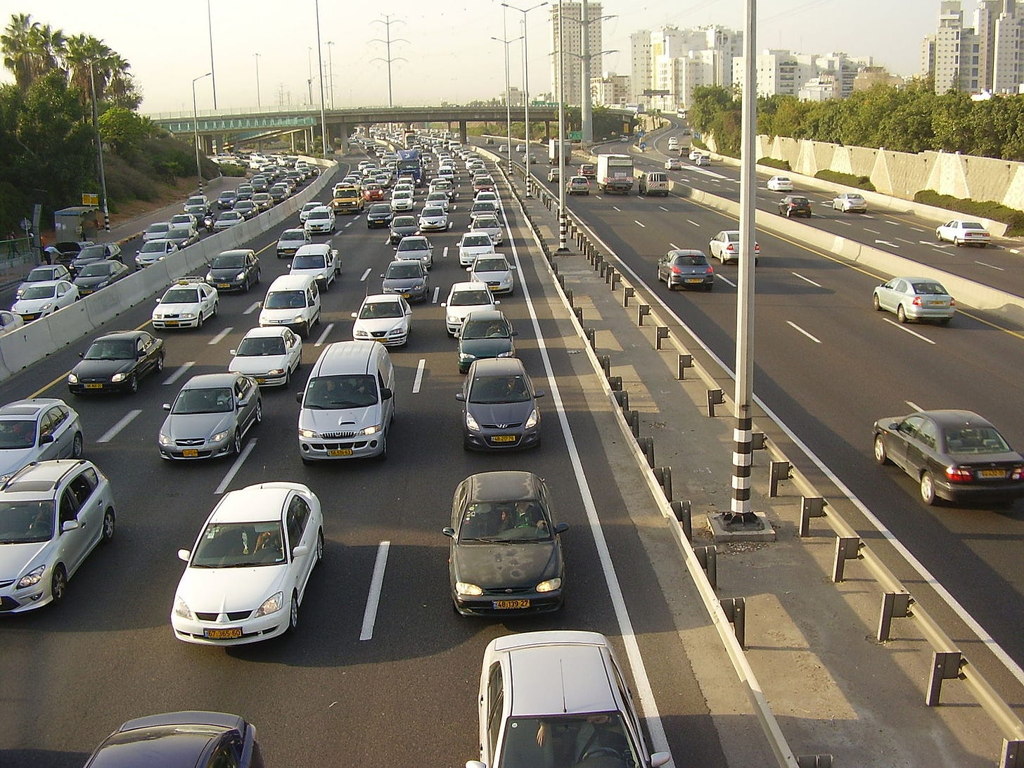 A traffic jam on a motorway in a city in Israel