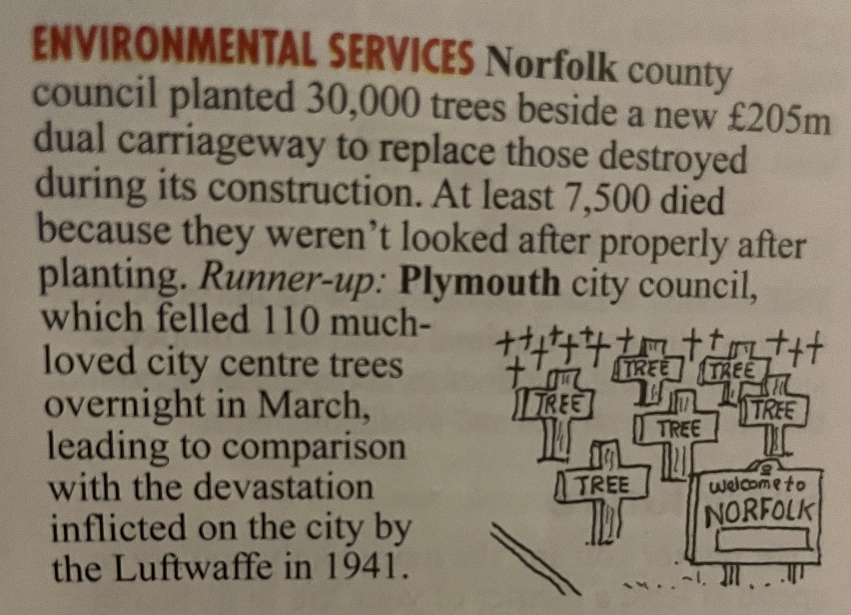 extract from Private Eye magazine. Showing how Norfolk County Council let trees die, and Plymouth ripped them out.