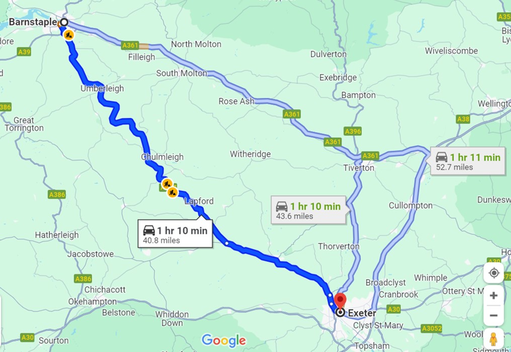 driving options from Barnstaple to Exeter
