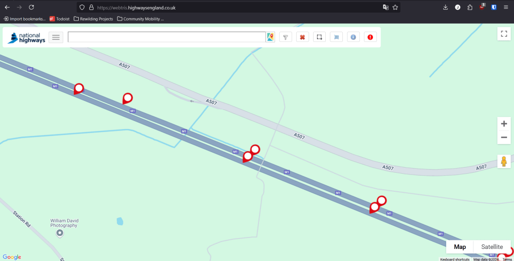 A location map showing the location of count points on the M1 motorway in Bedfordshire
