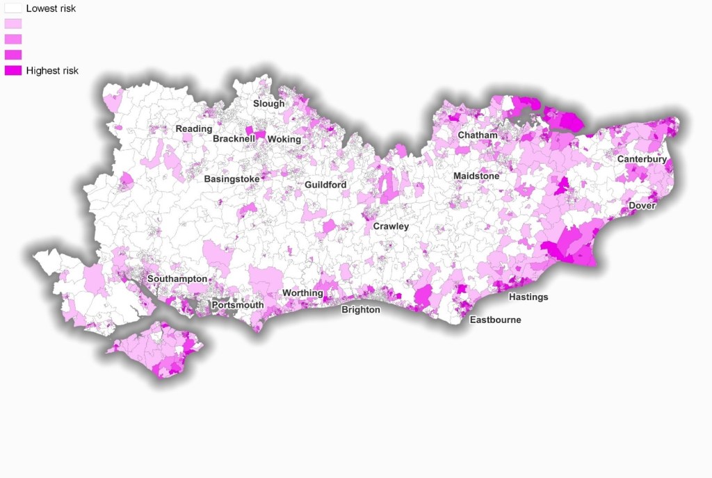Areas at highest risk of transport-related social exclusion across the South East. These are broadly the Kent and Sussex coasts, the Isle of Wight, and sporadic pockets in rural areas